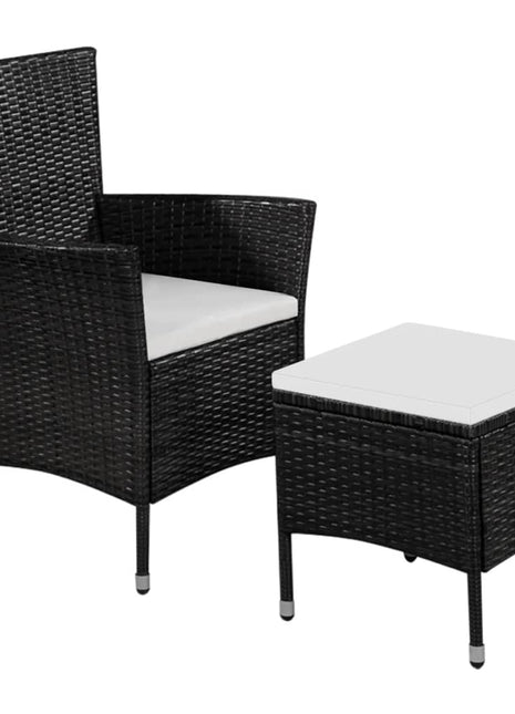 Tuinstoel en kruk met kussens poly rattan zwart