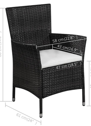 Tuinstoel en kruk met kussens poly rattan zwart