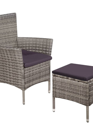 Tuinstoel en kruk met kussens poly rattan grijs