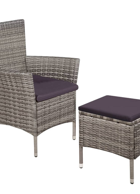 Tuinstoel en kruk met kussens poly rattan grijs
