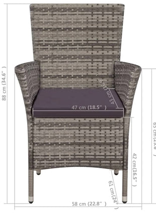 Tuinstoel en kruk met kussens poly rattan grijs