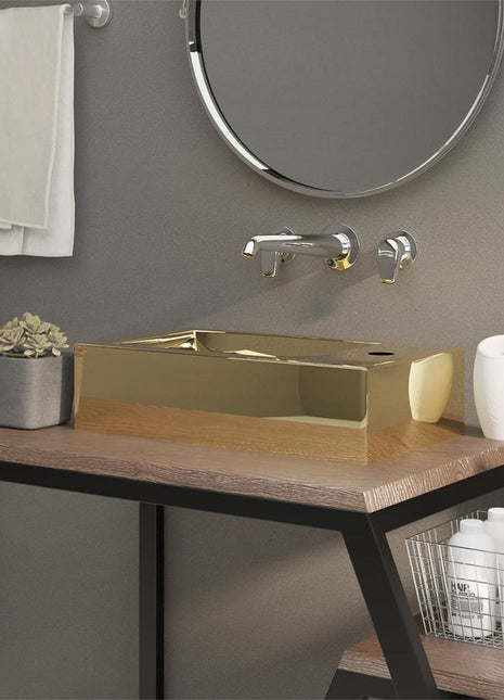Wastafel met overloop 49x25x15 cm keramiek goudkleurig