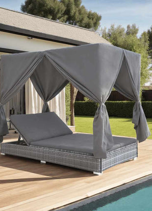 Loungebed Met Gordijnen Poly Rattan Grijs