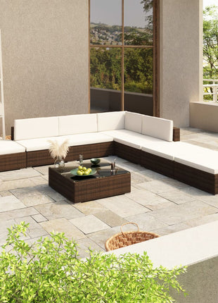 8-delige Loungeset met kussens poly rattan bruin
