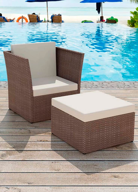Tuinstoel met voetenbank poly rattan bruin