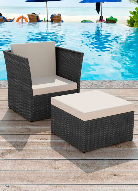 Tuinstoel met voetenbank poly rattan zwart