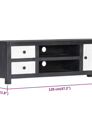 Tv-Meubel Handgesneden 120X30X40 Cm Massief Mangohout Grijs Wit
