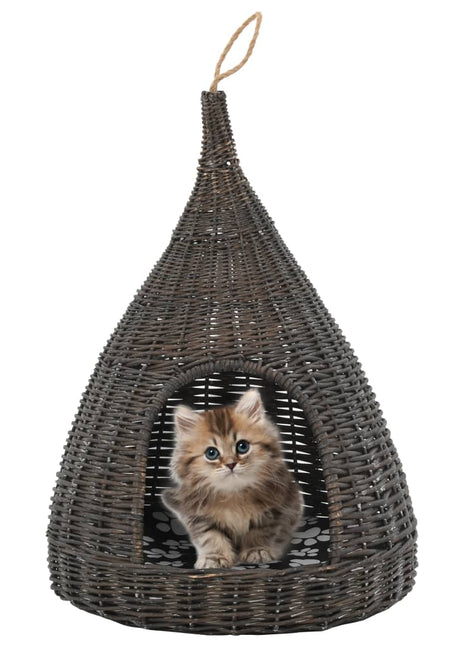 Kattenhuis met kussen tipi 40x60 cm natuurlijk wilgen grijs