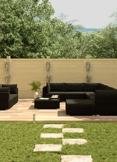 10-Delige Loungeset Met Kussens Poly Rattan Zwart
