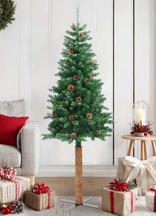 Kerstboom Met Echt Hout En Dennenappels Smal 210 Cm Pvc Groen