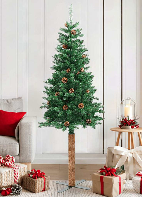 Kerstboom Met Echt Hout En Dennenappels Smal 210 Cm Pvc Groen