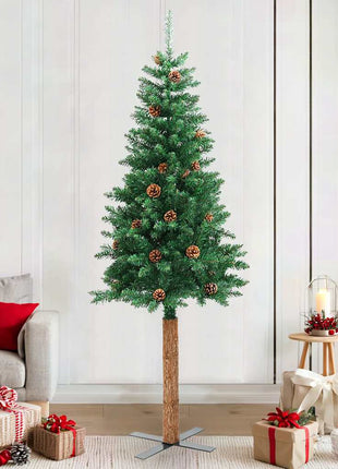 Kerstboom Met Echt Hout En Dennenappels Smal 210 Cm Pvc Groen
