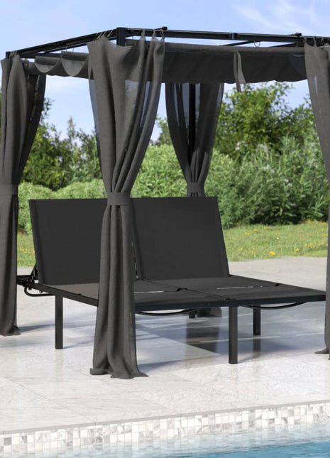 Ligbed 2-Persoons Met Zij- En Bovengordijnen Antracietkleurig