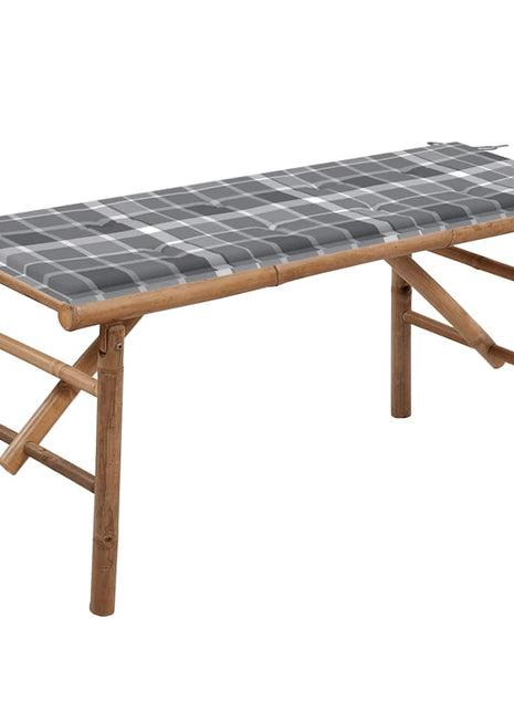 Tuinbank Inklapbaar Met Kussen 118 Cm Bamboe Grijs Ruitpatroon