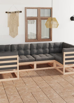 6-delige Loungeset met kussens massief grenenhout