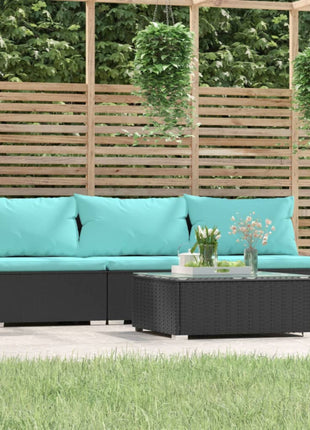 4-Delige Loungeset Met Kussens Poly Rattan Zwart En Waterblauw