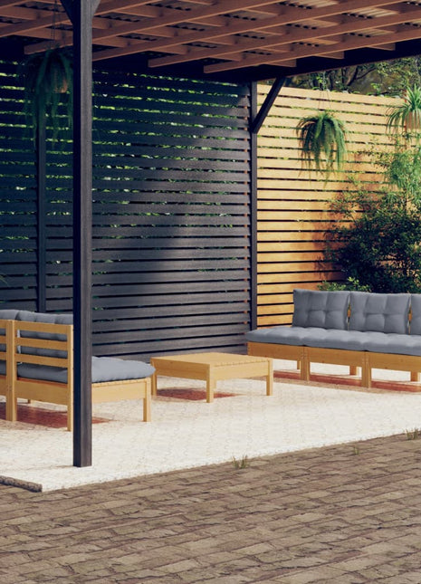 6-delige Loungeset met grijze kussens grenenhout