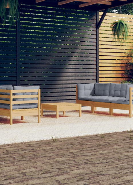 6-delige Loungeset met grijze kussens grenenhout
