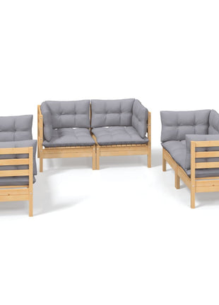 6-delige Loungeset met grijze kussens grenenhout