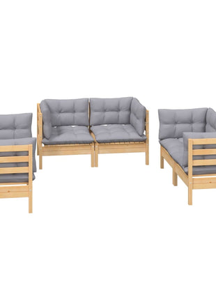 6-delige Loungeset met grijze kussens grenenhout