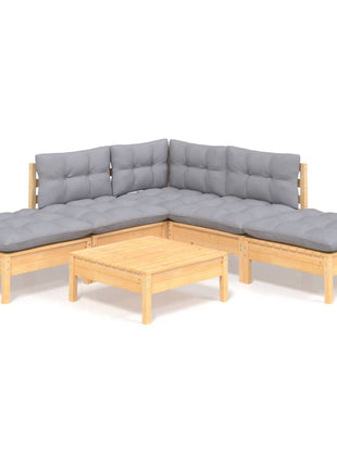 6-delige Loungeset met grijze kussens grenenhout