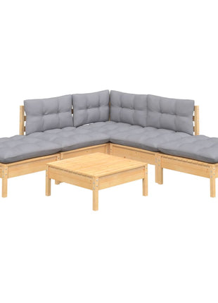 6-delige Loungeset met grijze kussens grenenhout