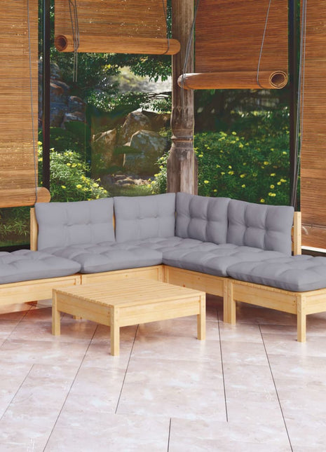 6-delige Loungeset met grijze kussens grenenhout