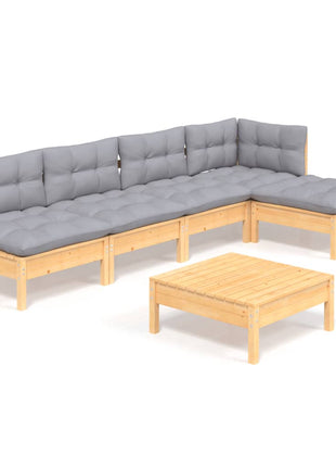 6-delige Loungeset met grijze kussens grenenhout