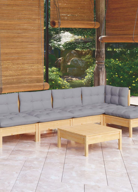 6-delige Loungeset met grijze kussens grenenhout