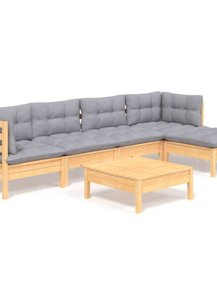 6-delige Loungeset met grijze kussens grenenhout