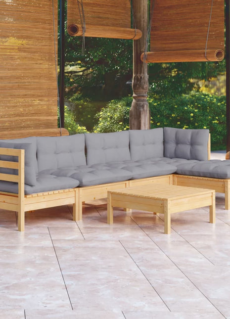 6-delige Loungeset met grijze kussens grenenhout