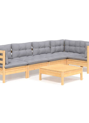 6-delige Loungeset met grijze kussens grenenhout