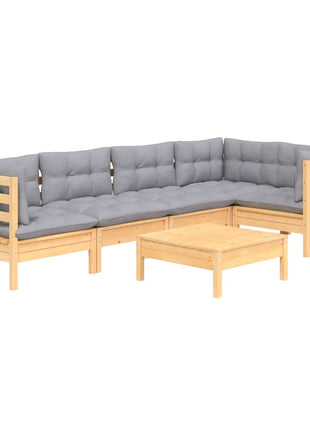 6-delige Loungeset met grijze kussens grenenhout