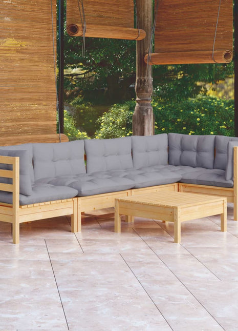6-delige Loungeset met grijze kussens grenenhout