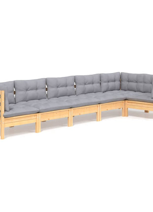 6-delige Loungeset met grijze kussens grenenhout