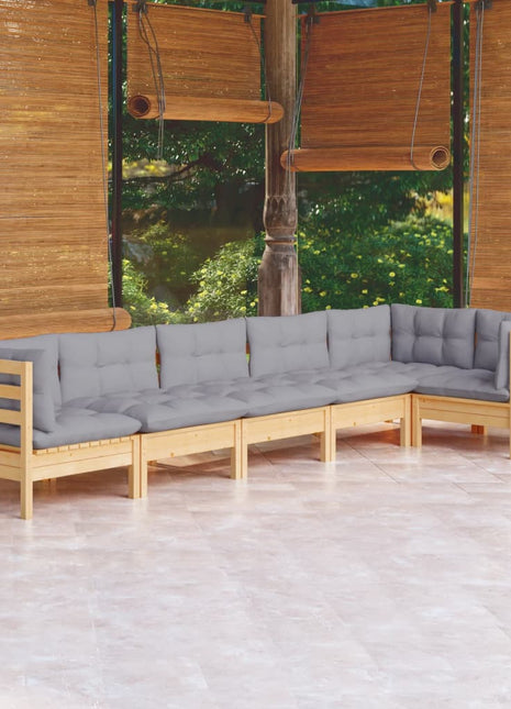 6-delige Loungeset met grijze kussens grenenhout