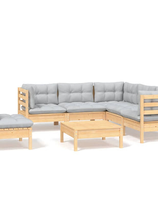 6-delige Loungeset met grijze kussens grenenhout