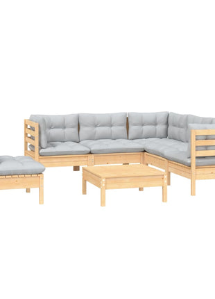 6-delige Loungeset met grijze kussens grenenhout
