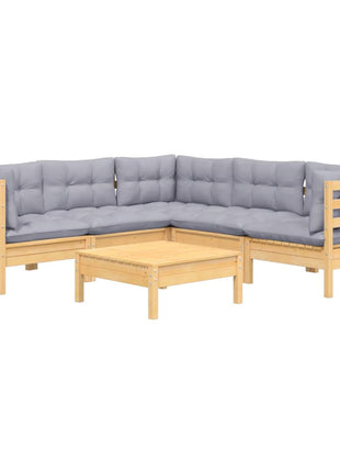 6-delige Loungeset met grijze kussens grenenhout
