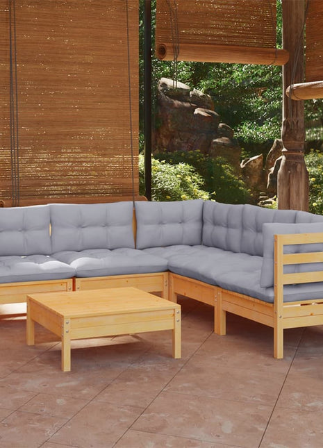 6-delige Loungeset met grijze kussens grenenhout