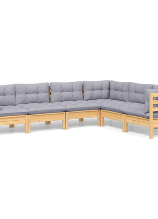 6-delige Loungeset met grijze kussens massief grenenhout