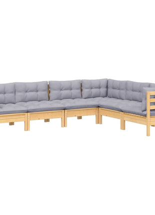 6-delige Loungeset met grijze kussens massief grenenhout