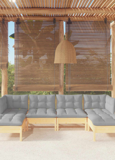 6-delige Loungeset met grijze kussens grenenhout