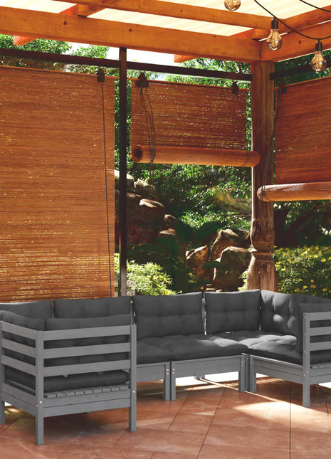 6-delige Loungeset met kussens grenenhout grijs