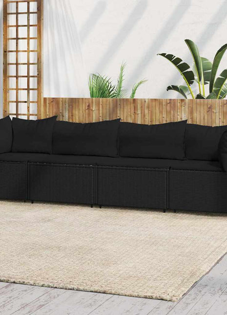 4-delige Loungeset met kussens poly rattan zwart