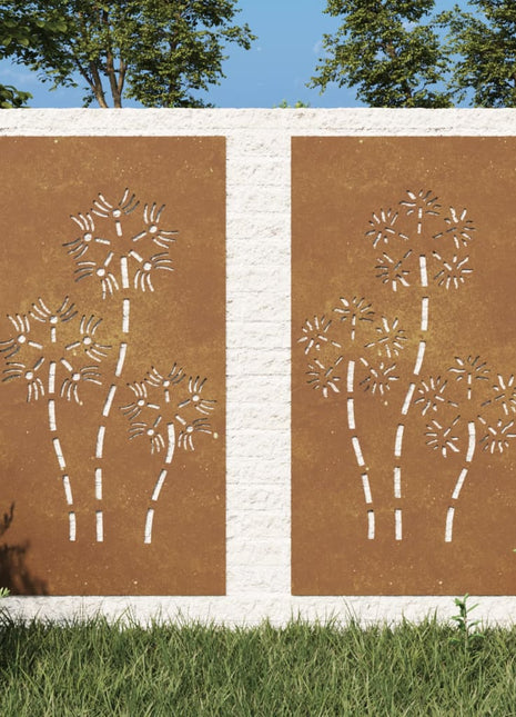 Wanddecoratie tuin 2 st bloemenontwerp 105x55 cm cortenstaal