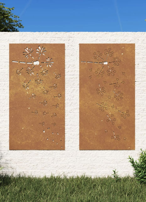 Wanddecoratie Tuin 2 St Bloemenontwerp 105X55 Cm Cortenstaal