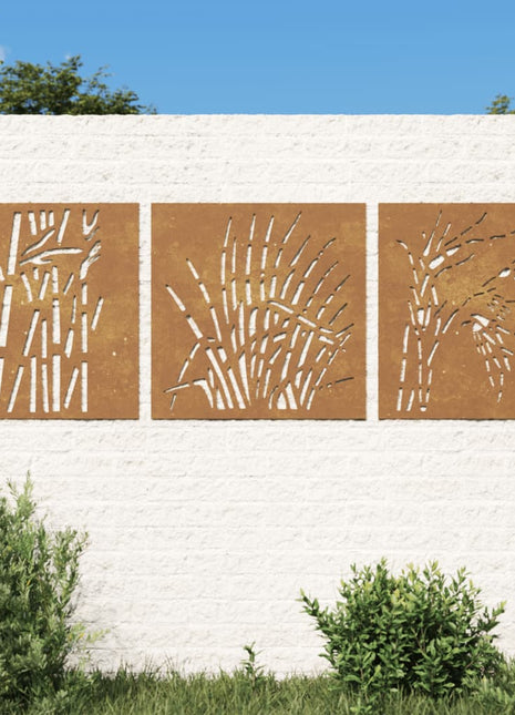 Wanddecoratie tuin 3 st grasontwerp 55x55 cm cortenstaal