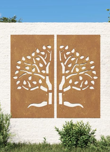 Wanddecoratie tuin 2 st boomontwerp 105x55 cm cortenstaal