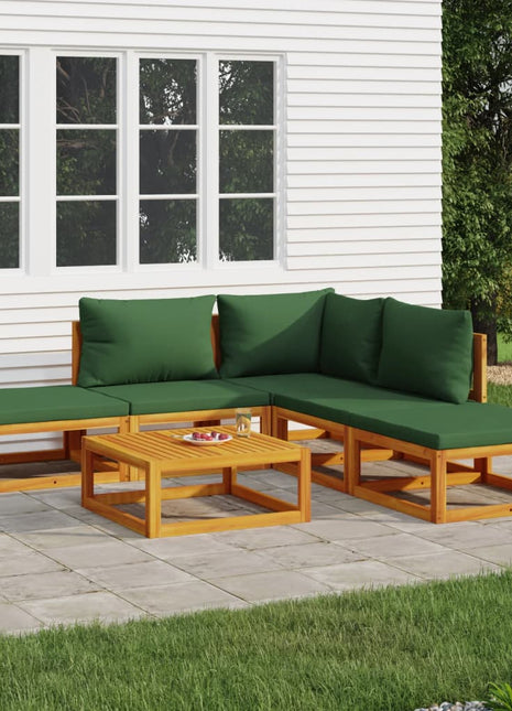 6-delige Loungeset met groene kussens massief hout